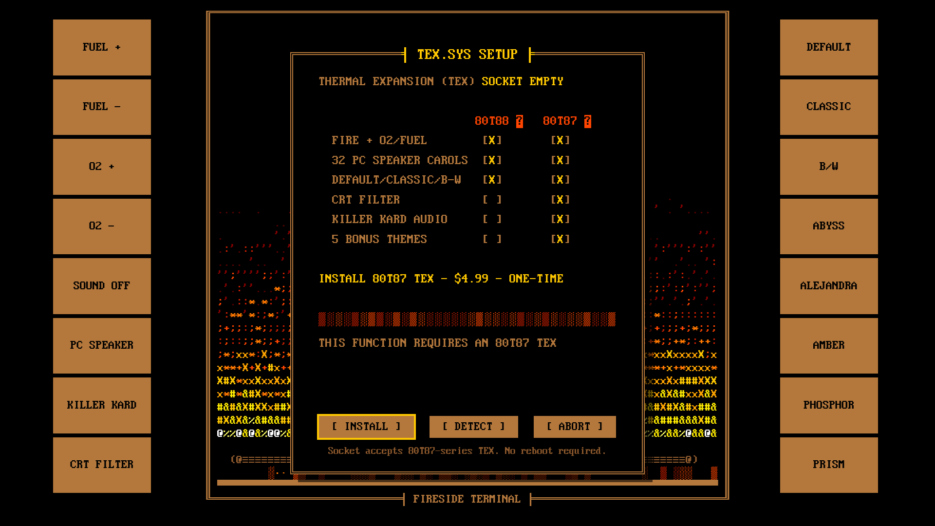 TEX.SYS SETUP dialog offering the 80T87 THERMAL EXPANSION